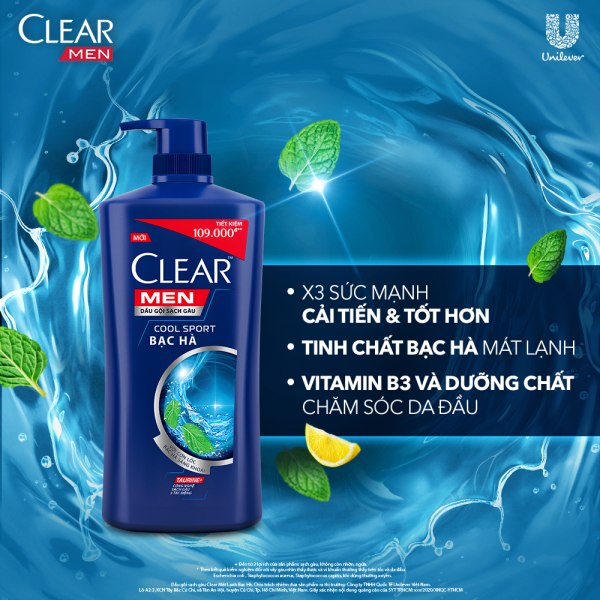 109CLEAR MEN Dầu Gội Mát Lạnh Bạc Hà 900g/8 -Chai