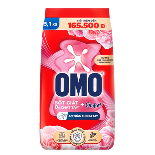101OMO BộtGiặt HHồng Pháp NNgào 5.1kg(1+1Omo N.Giặt 412g)/2 bộ